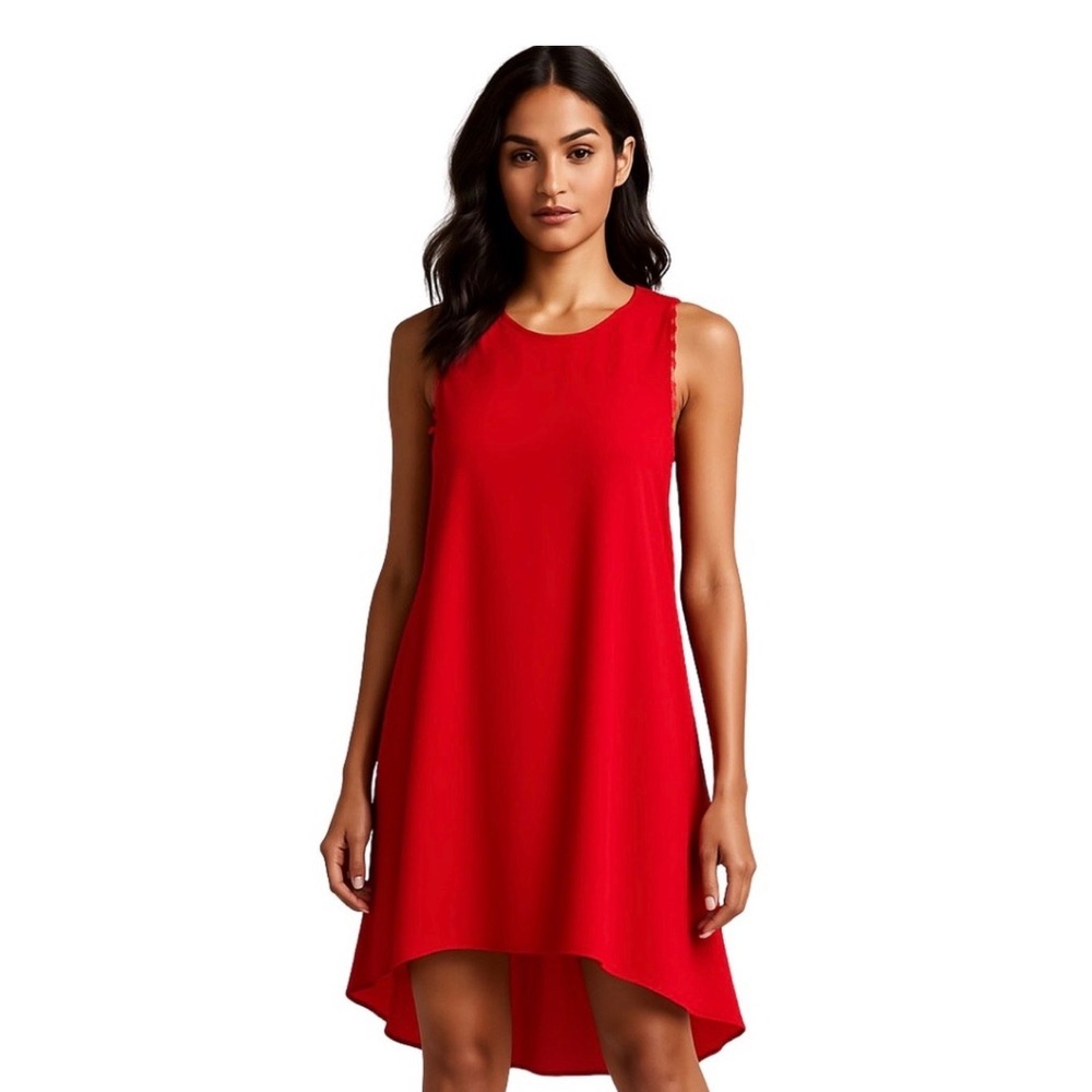 H&M Red Sleeveless High Low Shift Dress Crew Neck Mini Cocktail Party Dress‎